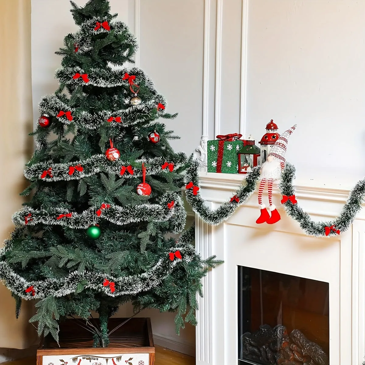 16.4ft Festive Christmas Garland with Red Bow Ties - Dark Green Aluminum Foil Wire, Perfect for Tree Decoration & Holiday Decor, Indoor/Outdoor Use