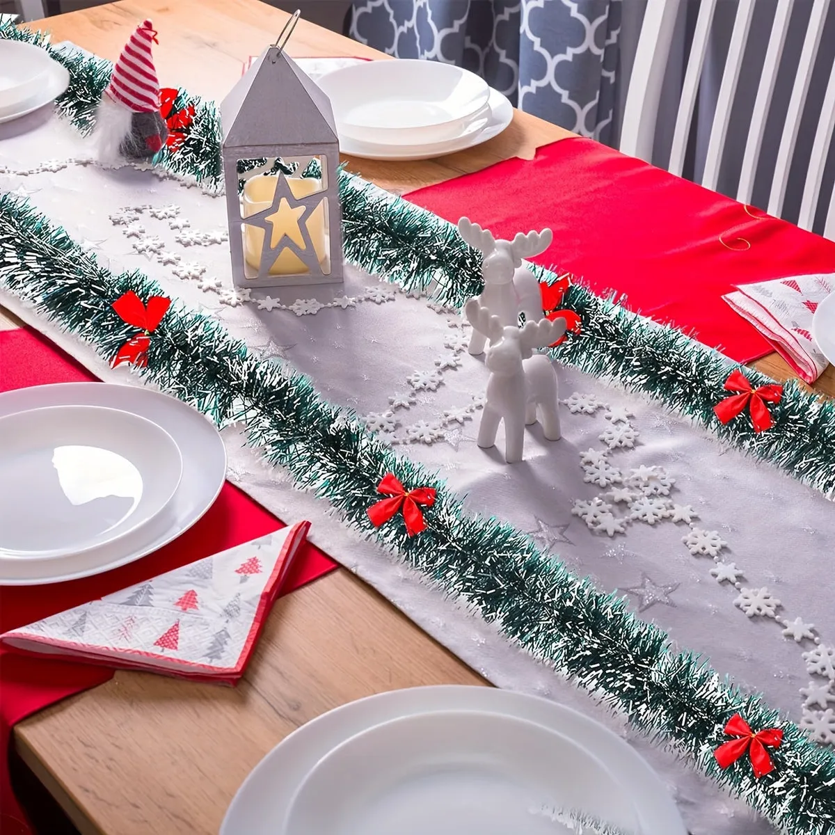 16.4ft Festive Christmas Garland with Red Bow Ties - Dark Green Aluminum Foil Wire, Perfect for Tree Decoration & Holiday Decor, Indoor/Outdoor Use