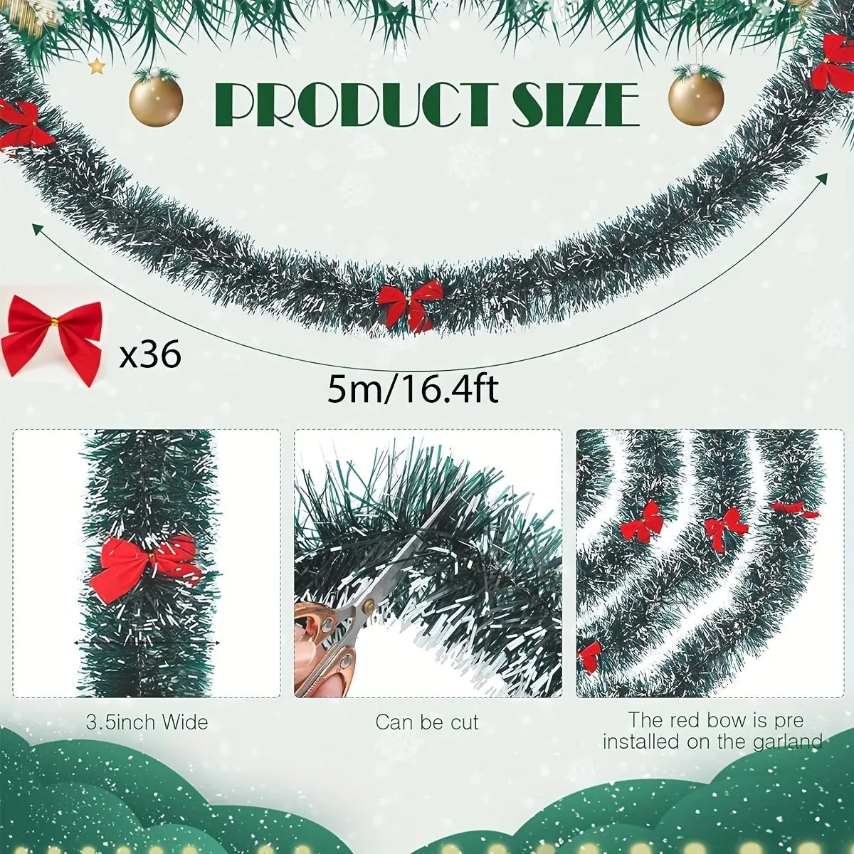 16.4ft Festive Christmas Garland with Red Bow Ties - Dark Green Aluminum Foil Wire, Perfect for Tree Decoration & Holiday Decor, Indoor/Outdoor Use