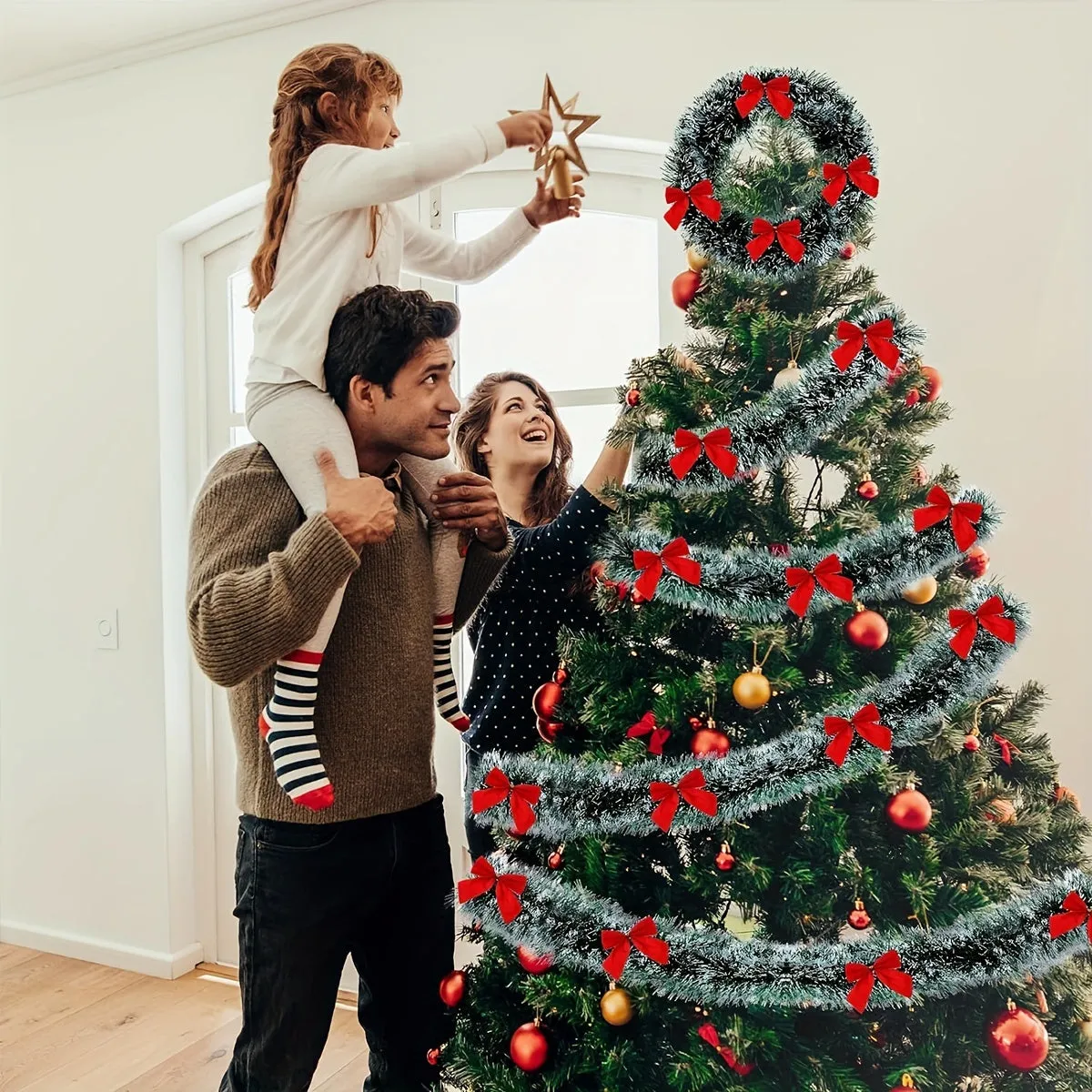 16.4ft Festive Christmas Garland with Red Bow Ties - Dark Green Aluminum Foil Wire, Perfect for Tree Decoration & Holiday Decor, Indoor/Outdoor Use