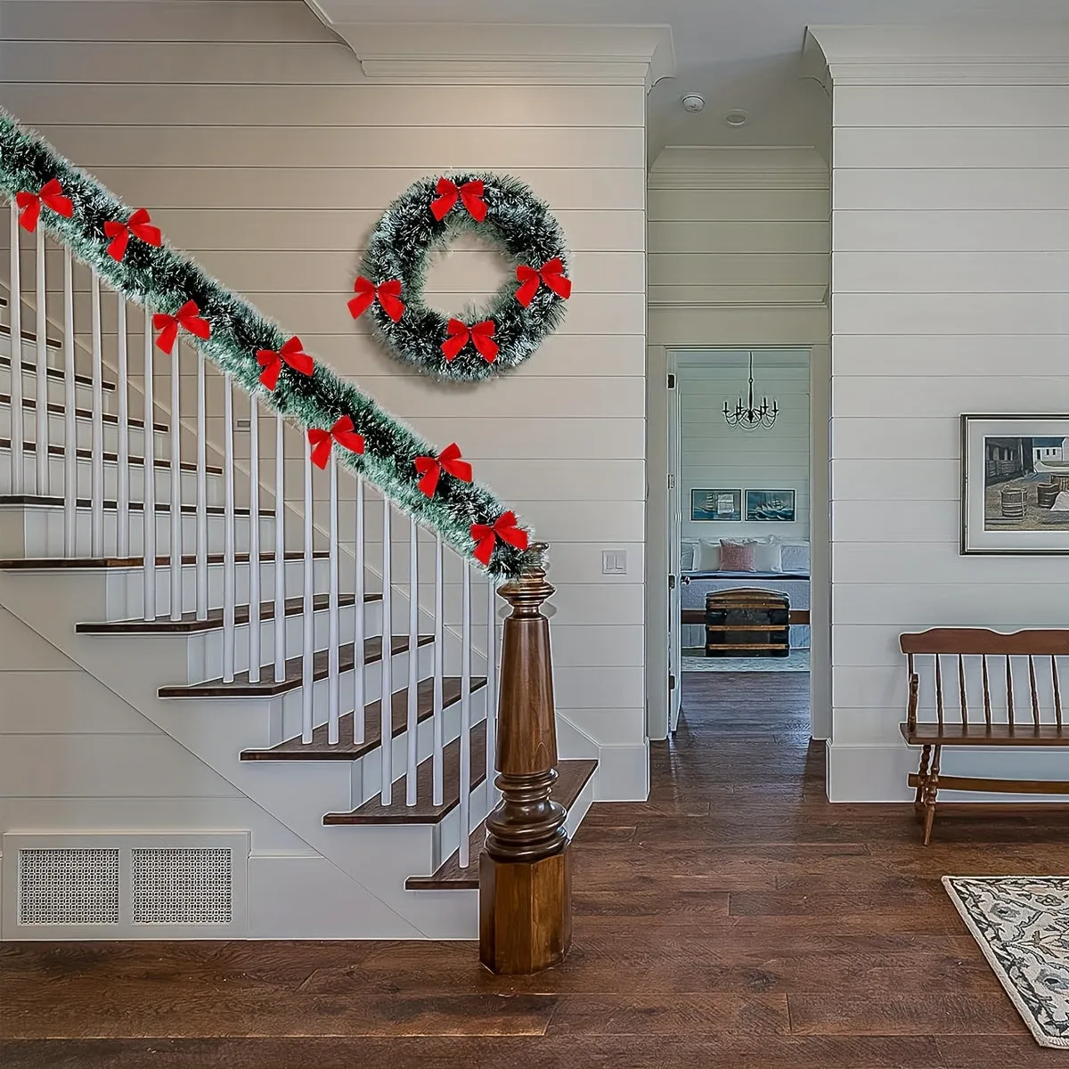 16.4ft Festive Christmas Garland with Red Bow Ties - Dark Green Aluminum Foil Wire, Perfect for Tree Decoration & Holiday Decor, Indoor/Outdoor Use