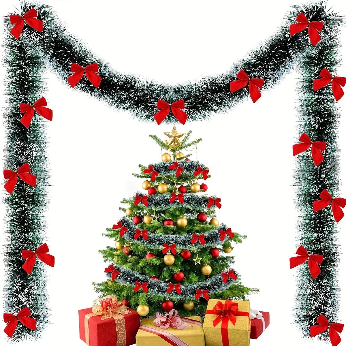 16.4ft Festive Christmas Garland with Red Bow Ties - Dark Green Aluminum Foil Wire, Perfect for Tree Decoration & Holiday Decor, Indoor/Outdoor Use