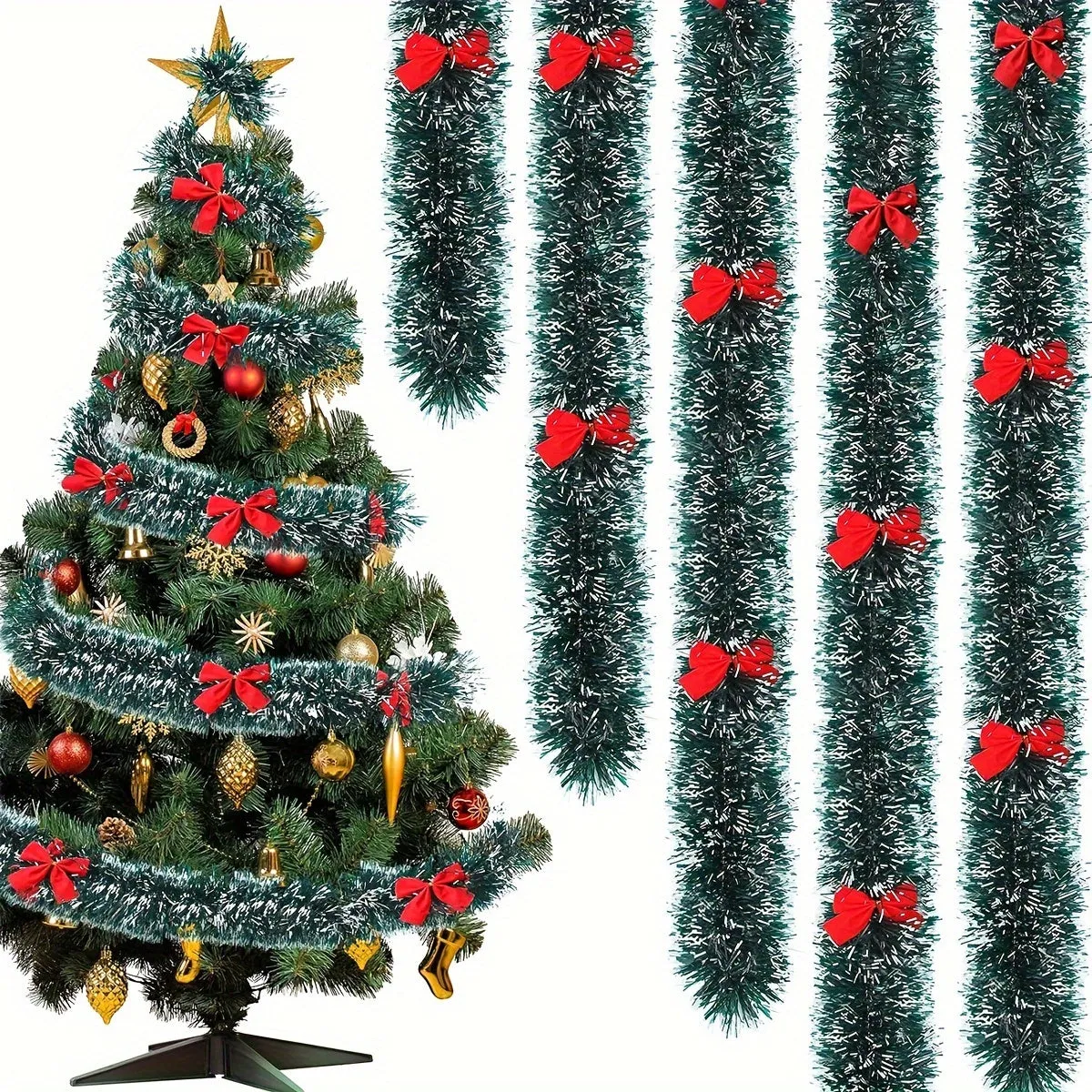 16.4ft Festive Christmas Garland with Red Bow Ties - Dark Green Aluminum Foil Wire, Perfect for Tree Decoration & Holiday Decor, Indoor/Outdoor Use