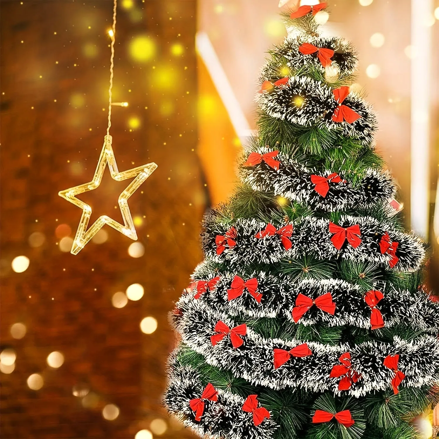 1pc, 6.56ft Christmas Tinsel Garland Artificial Christmas Garland Xmas Metallic Twist Hanging Garland Fireplace Mantel Wreath Decor For Staircase Railing Indoor Outdoor Ornaments Christmas Party Decor Supplies