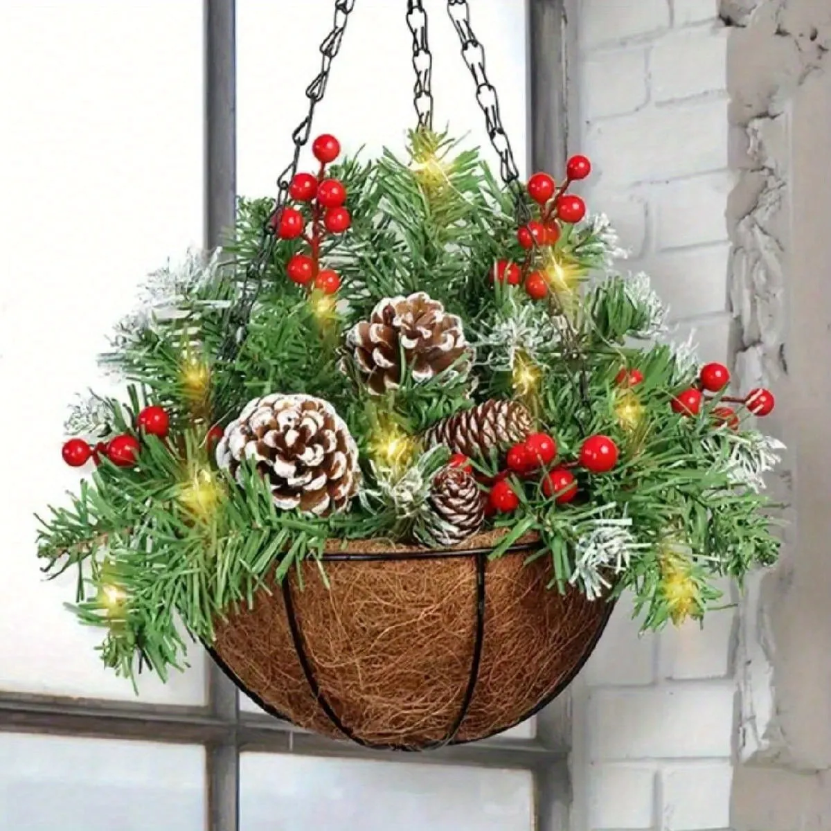 1pc Festive Artificial Christmas Hanging Basket - Decorated with Frosted Pine Cones, Shatterproof Ornaments, and Soft Faux Greenery - Perfect for Front Door, Wall, Window, Lawn, Yard, and Garden Xmas Decorations