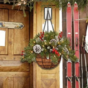 1pc Festive Artificial Christmas Hanging Basket - Decorated with Frosted Pine Cones, Shatterproof Ornaments, and Soft Faux Greenery - Perfect for Front Door, Wall, Window, Lawn, Yard, and Garden Xmas Decorations