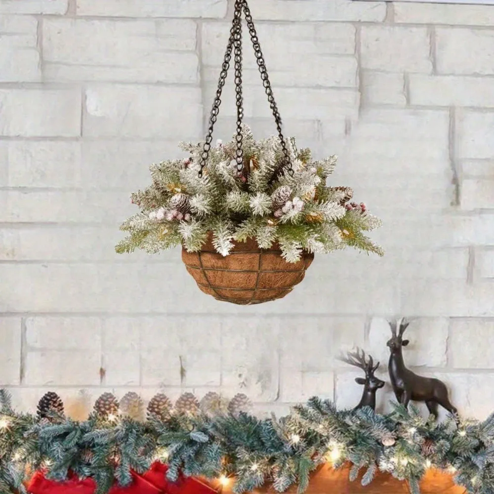 1pc Festive Artificial Christmas Hanging Basket - Decorated with Frosted Pine Cones, Shatterproof Ornaments, and Soft Faux Greenery - Perfect for Front Door, Wall, Window, Lawn, Yard, and Garden Xmas Decorations