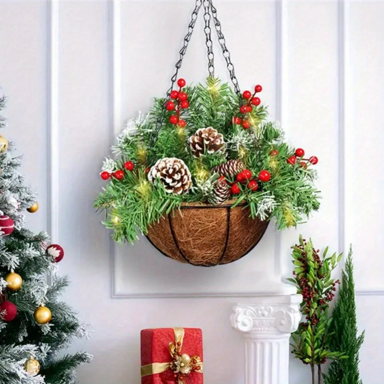 1pc Festive Artificial Christmas Hanging Basket - Decorated with Frosted Pine Cones, Shatterproof Ornaments, and Soft Faux Greenery - Perfect for Front Door, Wall, Window, Lawn, Yard, and Garden Xmas Decorations