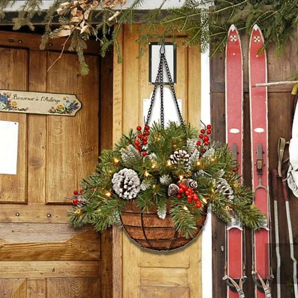 1pc Festive Artificial Christmas Hanging Basket - Decorated with Frosted Pine Cones, Shatterproof Ornaments, and Soft Faux Greenery - Perfect for Front Door, Wall, Window, Lawn, Yard, and Garden Xmas Decorations