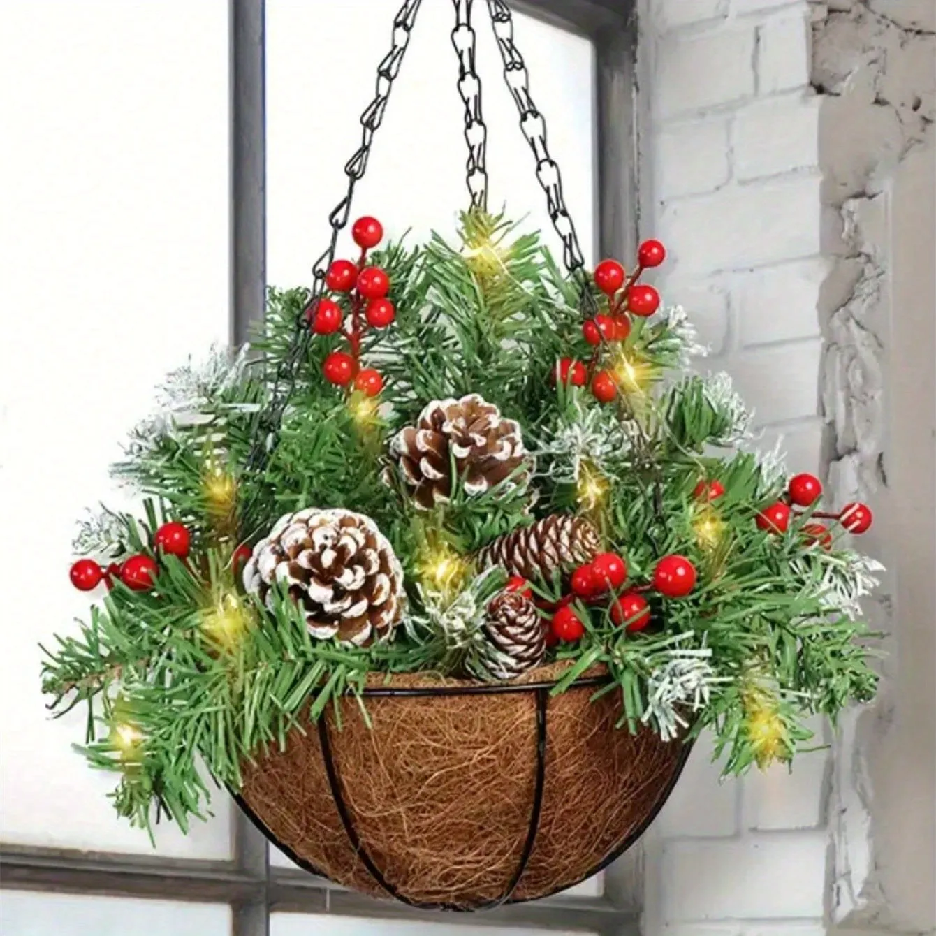 1pc Festive Artificial Christmas Hanging Basket - Decorated with Frosted Pine Cones, Shatterproof Ornaments, and Soft Faux Greenery - Perfect for Front Door, Wall, Window, Lawn, Yard, and Garden Xmas Decorations