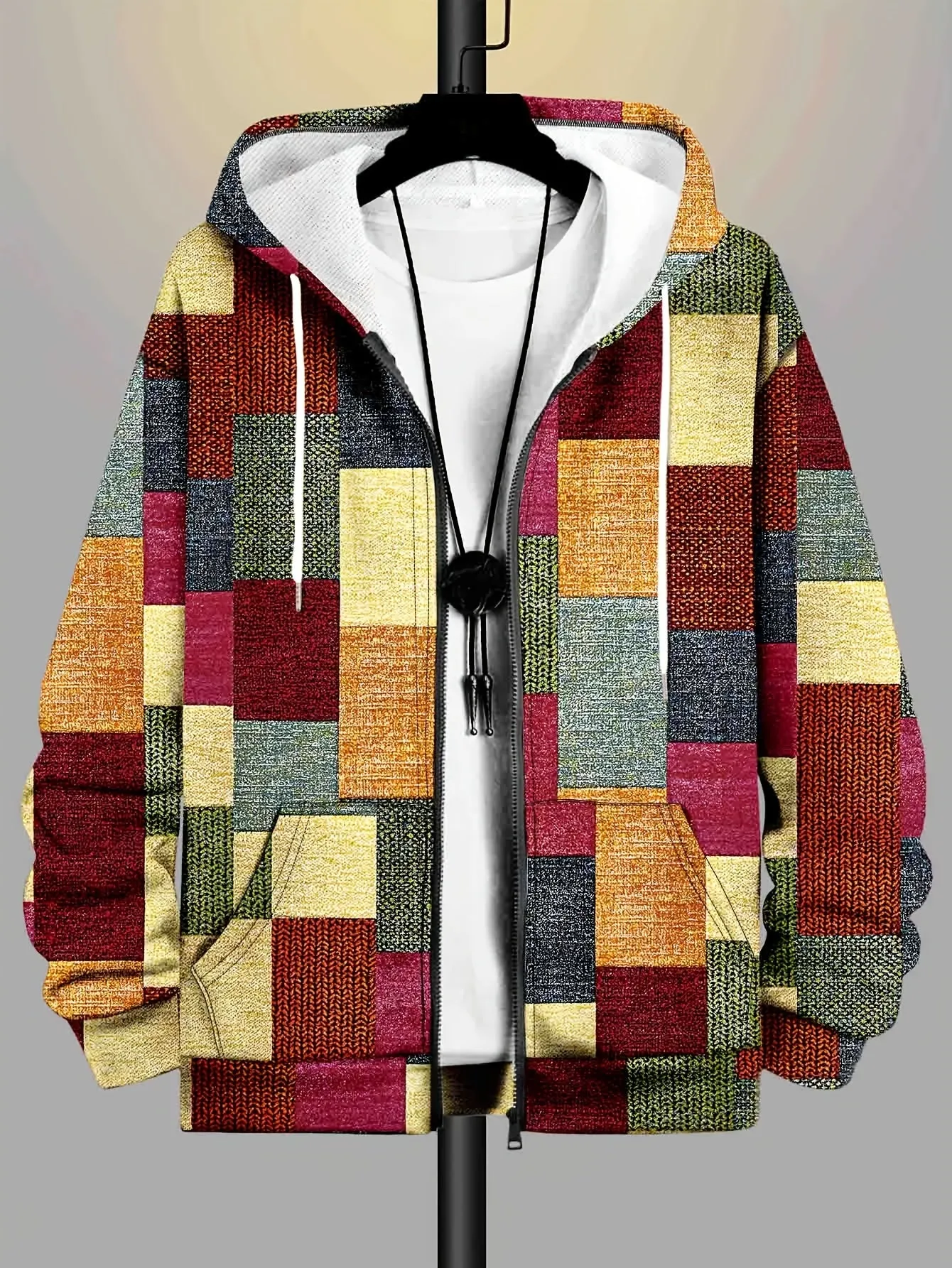 1pc K1008 Men'S Plus Size Casual Hooded Zip-Up Jacket, Knit Fabric Polyester with Slight Stretch, Random Print Pattern, Regular Fit for Spring, Fall, Winter