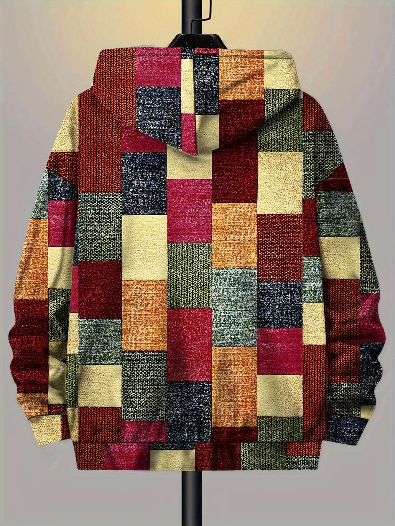 1pc K1008 Men'S Plus Size Casual Hooded Zip-Up Jacket, Knit Fabric Polyester with Slight Stretch, Random Print Pattern, Regular Fit for Spring, Fall, Winter