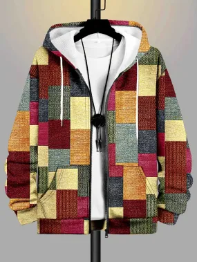1pc K1008 Men'S Plus Size Casual Hooded Zip-Up Jacket, Knit Fabric Polyester with Slight Stretch, Random Print Pattern, Regular Fit for Spring, Fall, Winter