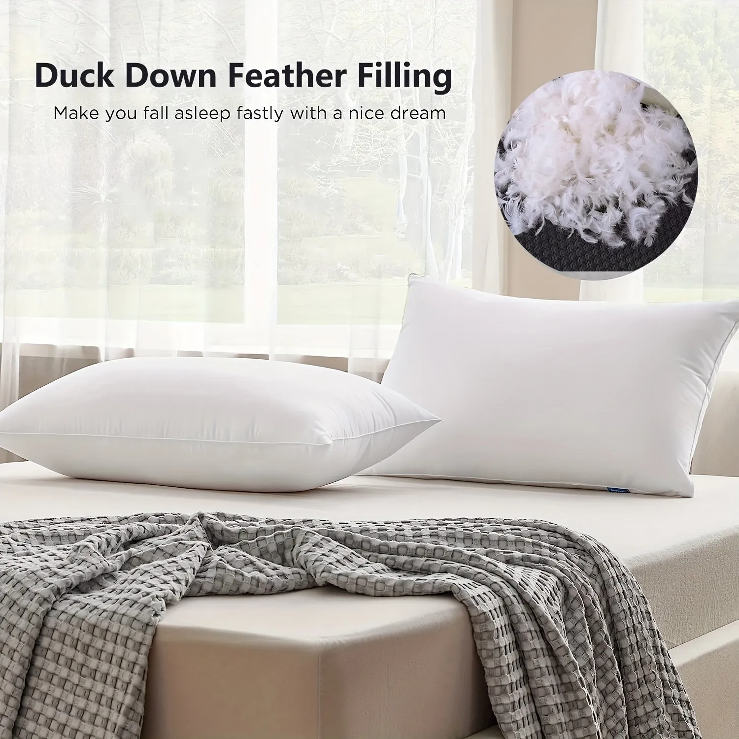 1pc Luxurious Duck Down Feather White Pillow Insert - Soft Fabric Cover, Neck Protection, Slow Rebound, Goose Down Filling for Comfortable Sleeping, Hypoallergenic and Breathable Design