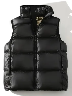 1pc Men'S Plus Size Casual Sleeveless Puffer Vest with Hood and Pockets - 100% Polyester, Solid Color, Filled, All-Season Zip-Up Gilet