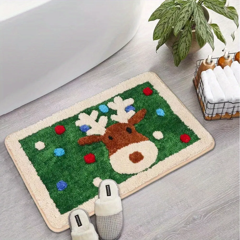 1pc Soft Faux Cashmere Christmas Cartoon Bath Rug, Non-Slip Oblong Bath Mat, 1050Gsm, 1.2Cm Thick, Festive Reindeer & Joy Pattern, Decorative Holiday Floor Accent, Fluffy Plush Winter Decor Decoration