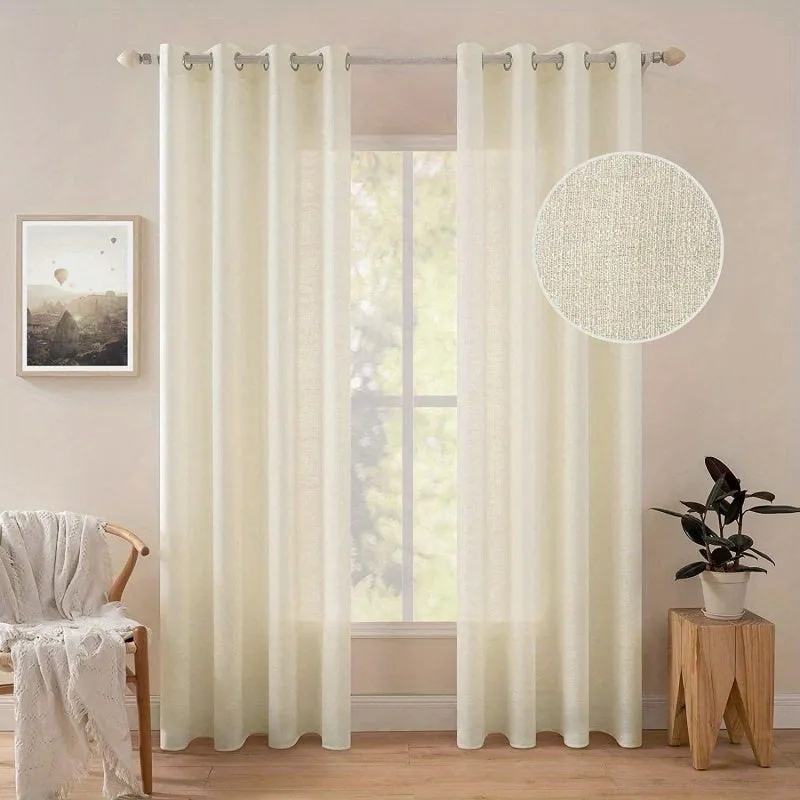1pc Translucent Polyester Linen Curtains, Grommet Top Window Treatment For Bedroom Living Room Room Dining Room Home Decor