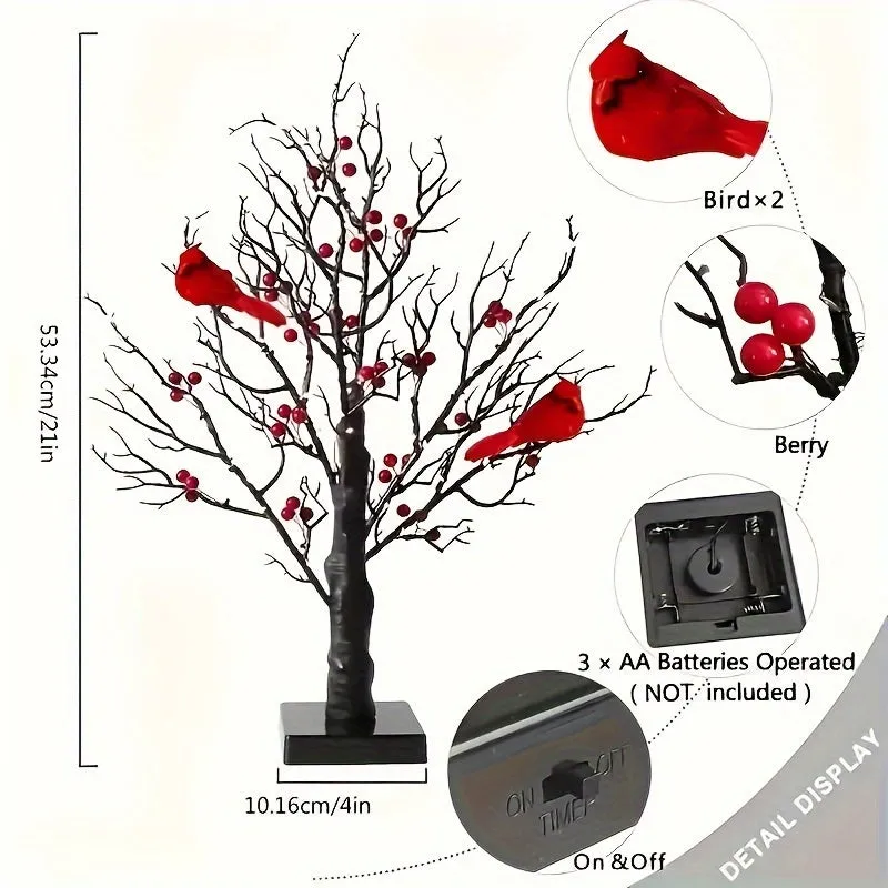 2-pack, Tree Design Table Lamp, Glowing Red Bird Tree Lamp, Modeling Lamp, Christmas LED Simulated Red Flower Tree Lamp, Christmas Tree, Thanksgiving Decoration, Living Room Desktop Bonsai Tree For Room Decoration, Battery Box Powered