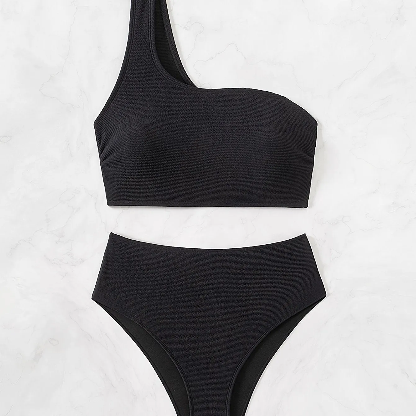 2-Piece Bikini Set: Chic Textured Brown One-Shoulder Top with High-Stretch Bottoms, Versatile & Flattering Swimwear for Sunbathing & Poolside Leisure