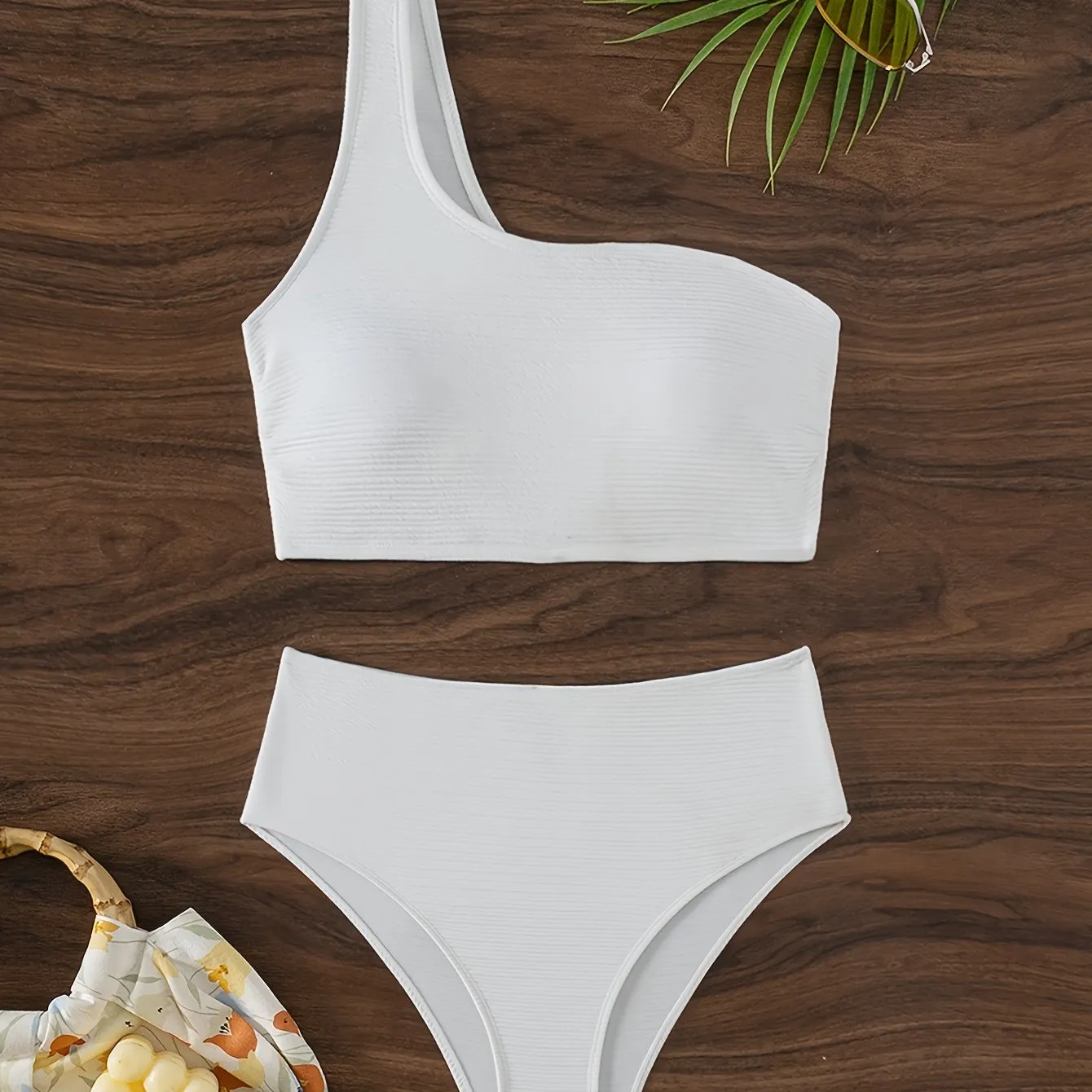 2-Piece Bikini Set: Chic Textured Brown One-Shoulder Top with High-Stretch Bottoms, Versatile & Flattering Swimwear for Sunbathing & Poolside Leisure