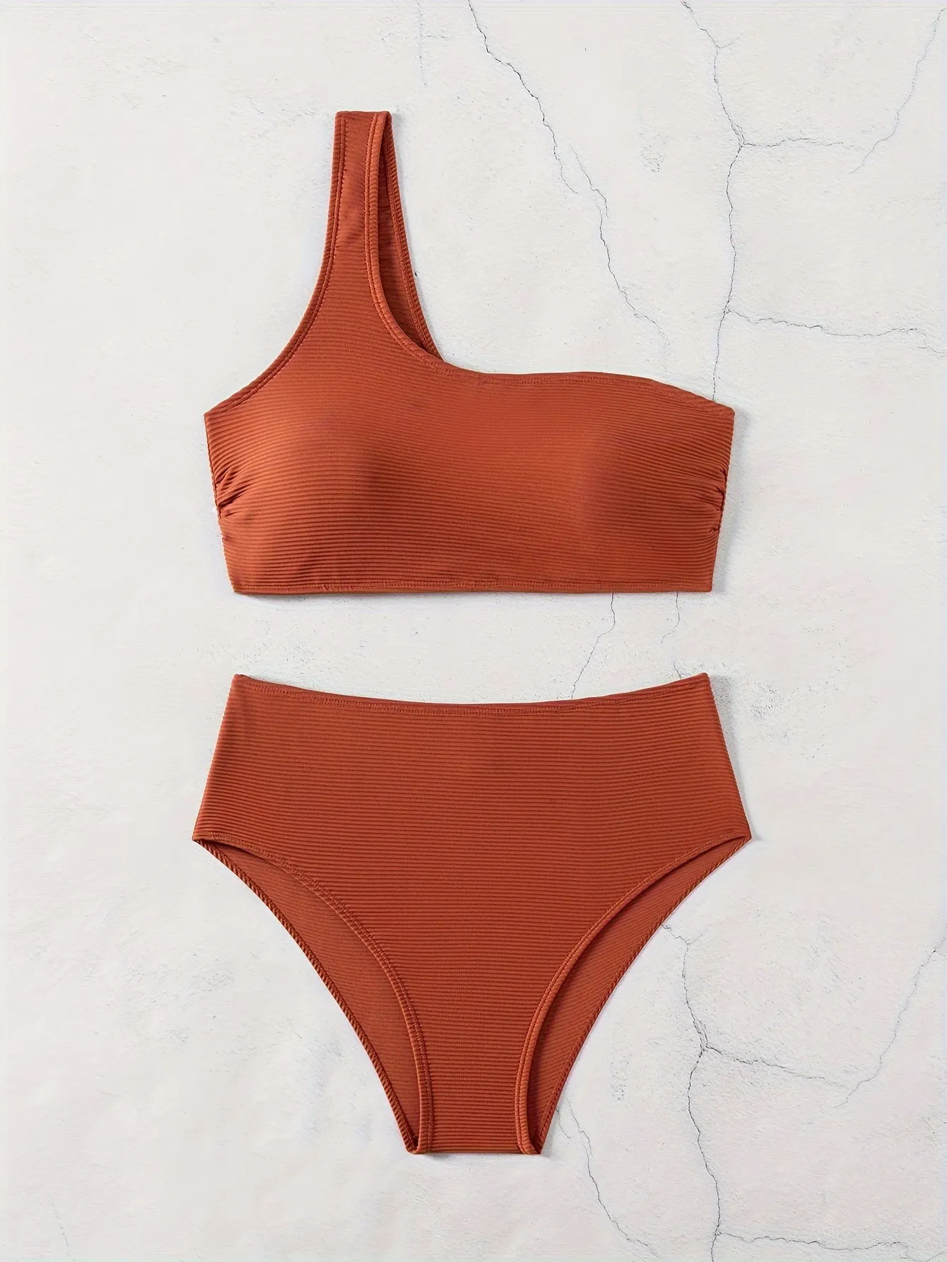 2-Piece Bikini Set: Chic Textured Brown One-Shoulder Top with High-Stretch Bottoms, Versatile & Flattering Swimwear for Sunbathing & Poolside Leisure