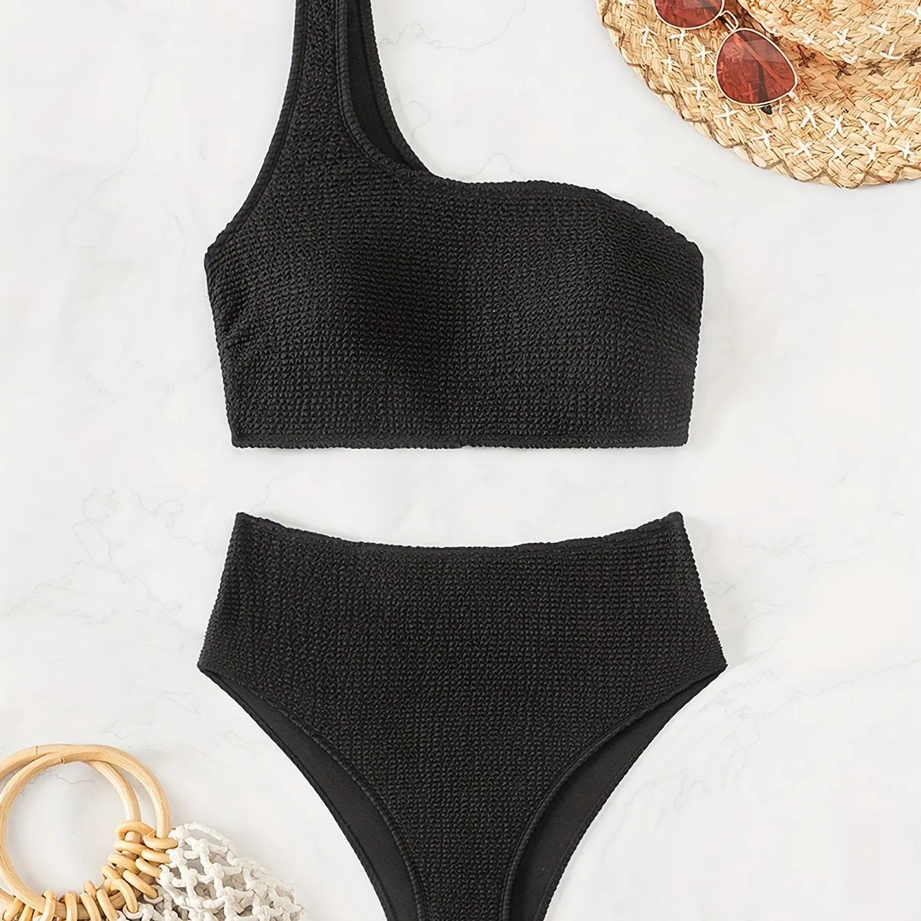2-Piece Bikini Set: Chic Textured Brown One-Shoulder Top with High-Stretch Bottoms, Versatile & Flattering Swimwear for Sunbathing & Poolside Leisure