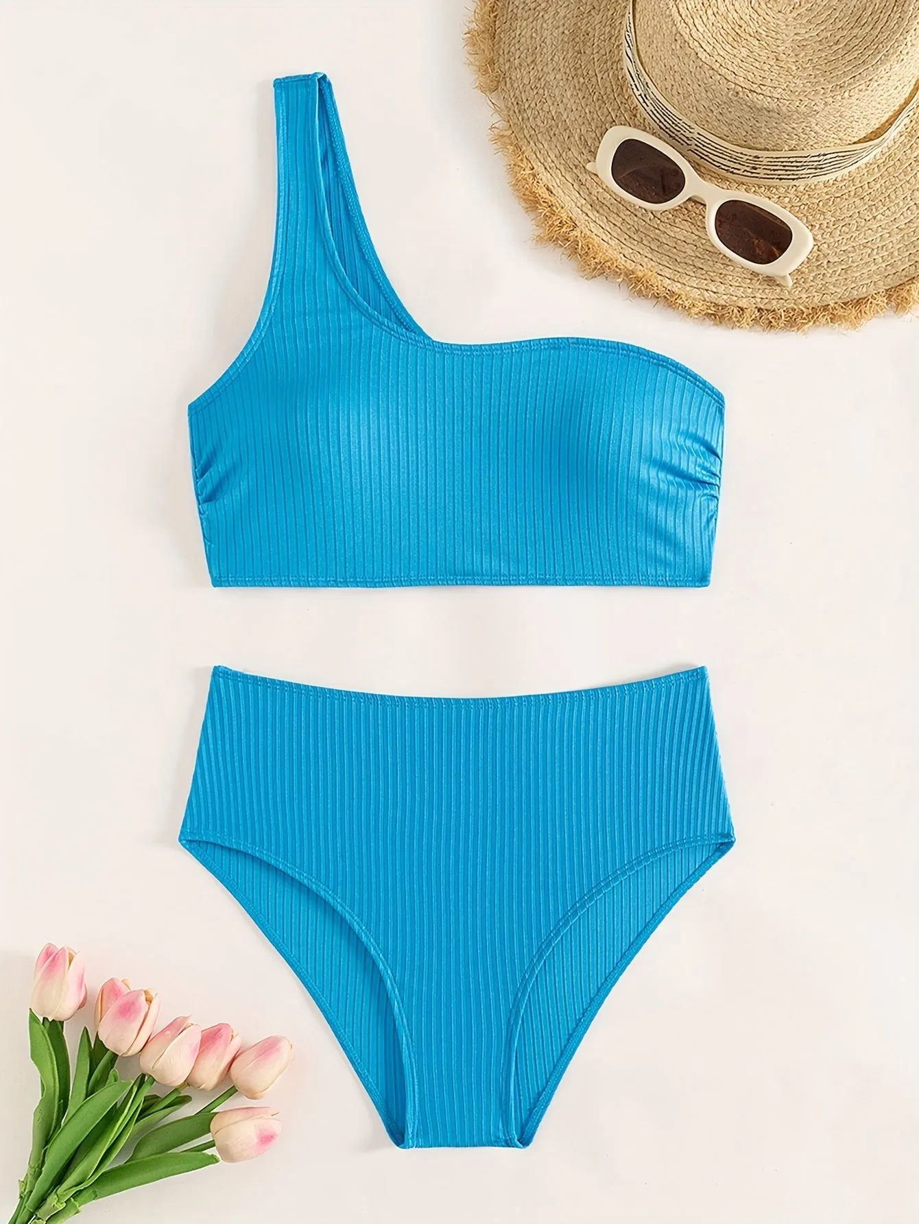 2-Piece Bikini Set: Chic Textured Brown One-Shoulder Top with High-Stretch Bottoms, Versatile & Flattering Swimwear for Sunbathing & Poolside Leisure