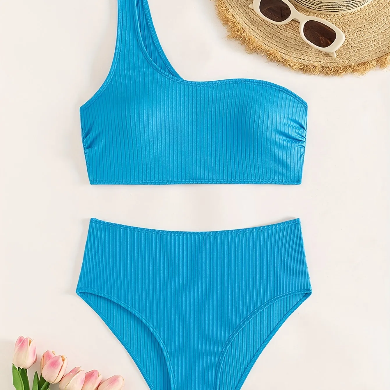 2-Piece Bikini Set: Chic Textured Brown One-Shoulder Top with High-Stretch Bottoms, Versatile & Flattering Swimwear for Sunbathing & Poolside Leisure