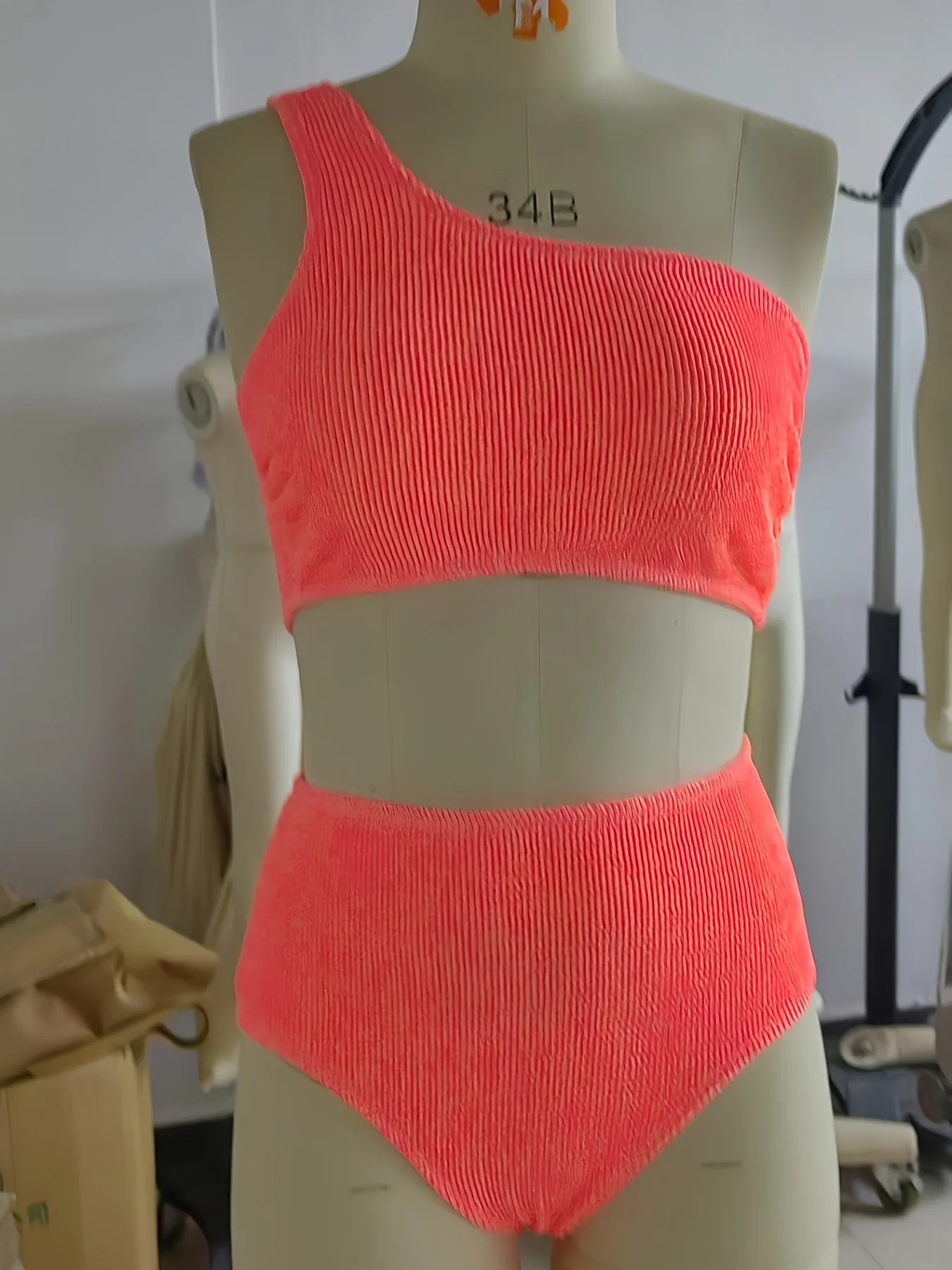 2-Piece Bikini Set: Chic Textured Brown One-Shoulder Top with High-Stretch Bottoms, Versatile & Flattering Swimwear for Sunbathing & Poolside Leisure
