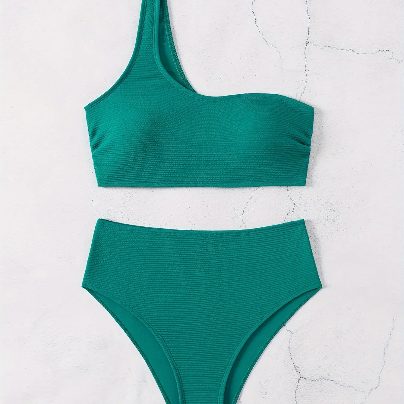2-Piece Bikini Set: Chic Textured Brown One-Shoulder Top with High-Stretch Bottoms, Versatile & Flattering Swimwear for Sunbathing & Poolside Leisure
