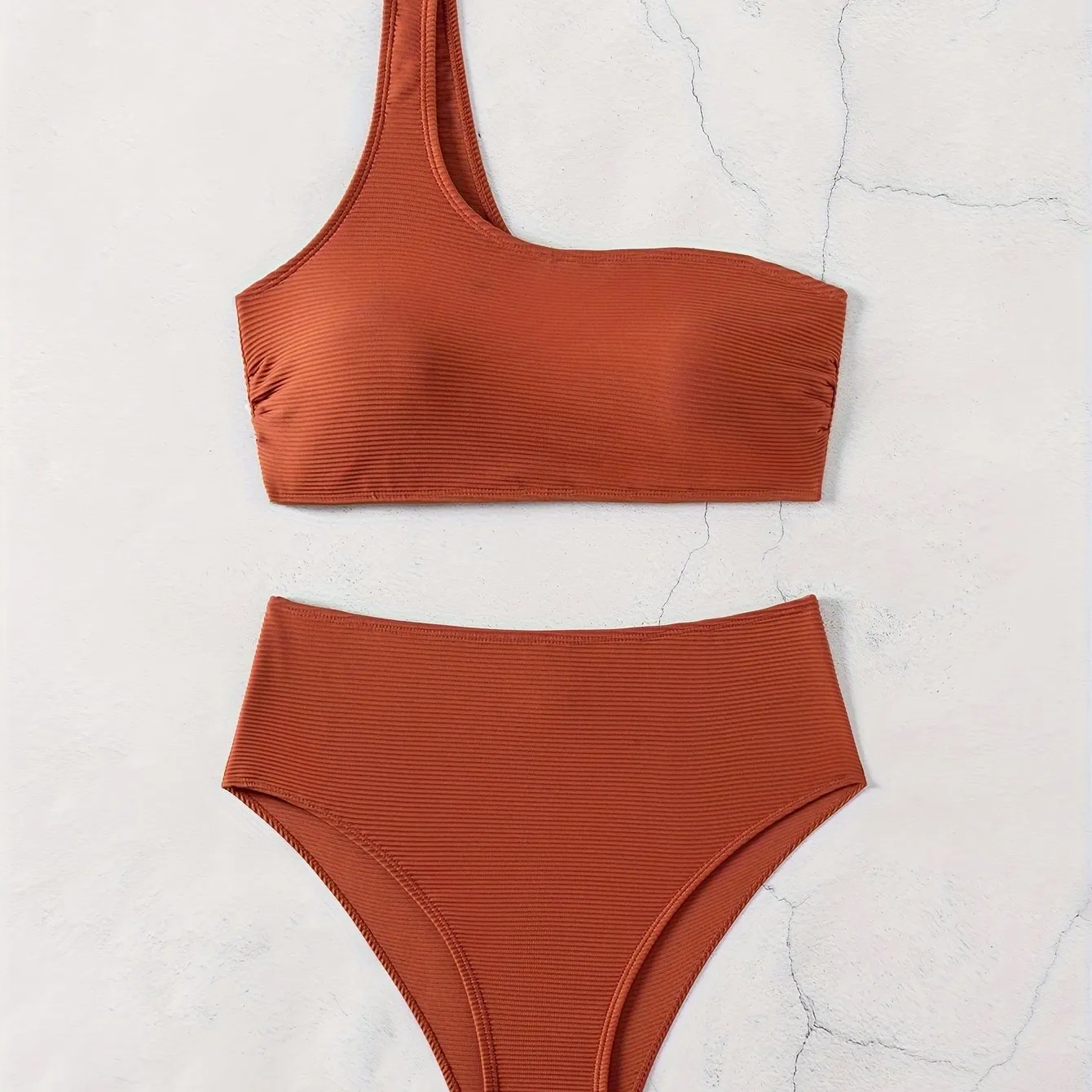 2-Piece Bikini Set: Chic Textured Brown One-Shoulder Top with High-Stretch Bottoms, Versatile & Flattering Swimwear for Sunbathing & Poolside Leisure