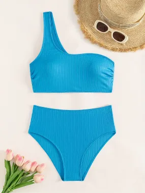 2-Piece Bikini Set: Chic Textured Brown One-Shoulder Top with High-Stretch Bottoms, Versatile & Flattering Swimwear for Sunbathing & Poolside Leisure