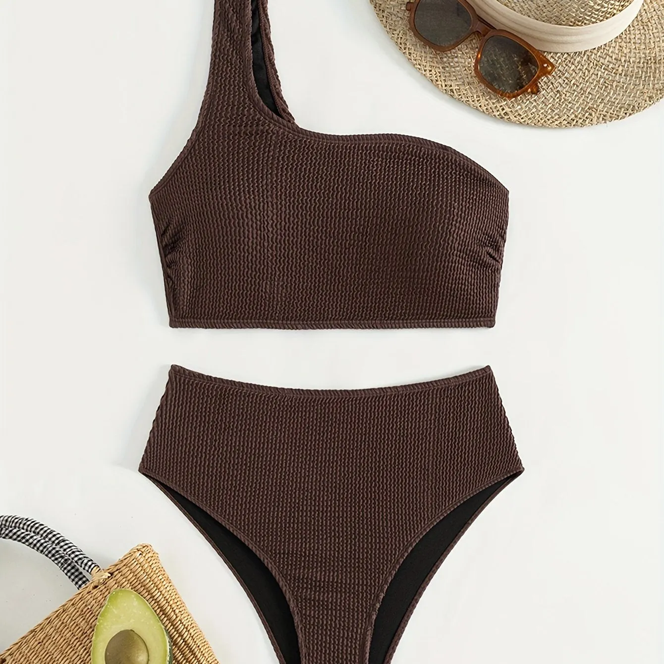 2-Piece Bikini Set: Chic Textured Brown One-Shoulder Top with High-Stretch Bottoms, Versatile & Flattering Swimwear for Sunbathing & Poolside Leisure