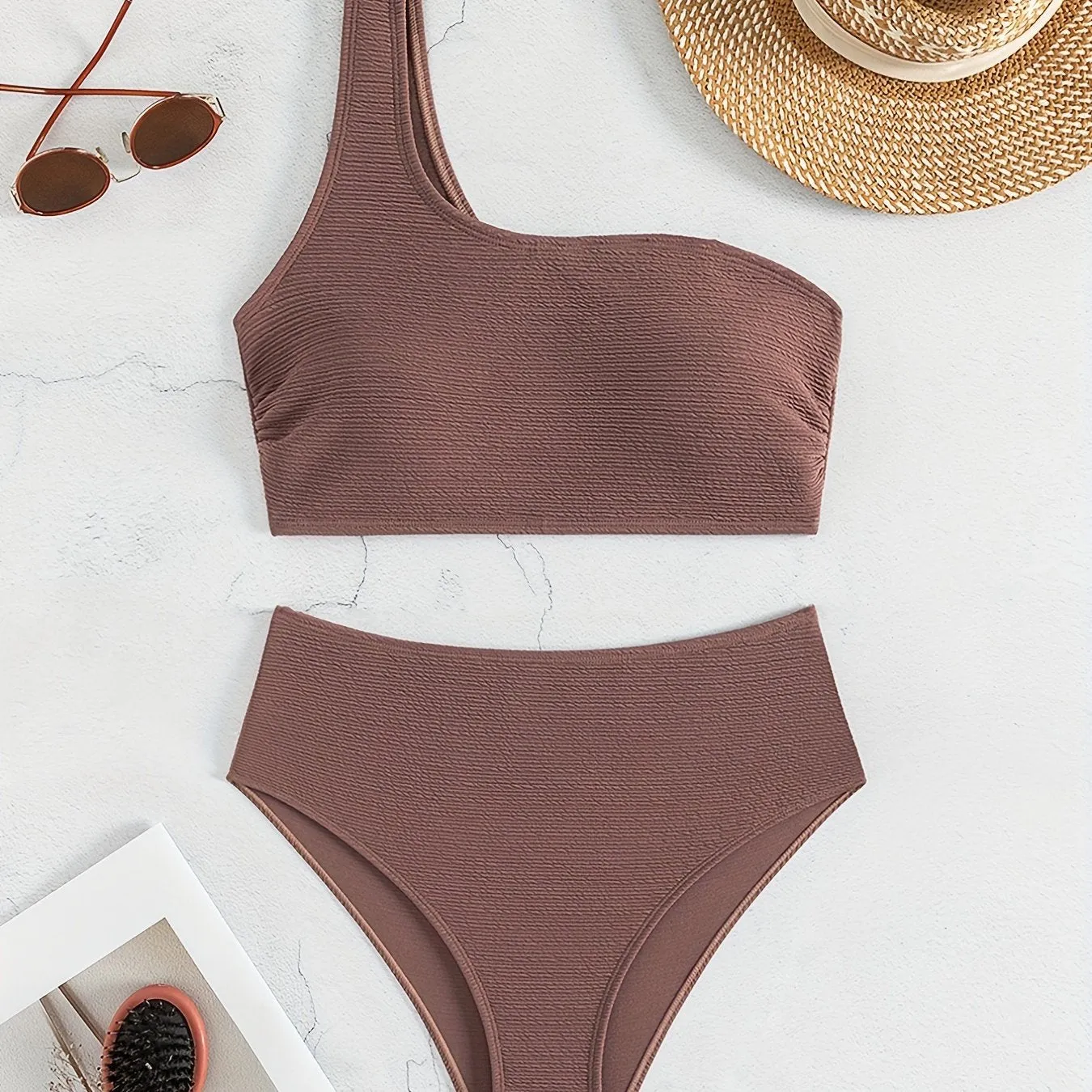 2-Piece Bikini Set: Chic Textured Brown One-Shoulder Top with High-Stretch Bottoms, Versatile & Flattering Swimwear for Sunbathing & Poolside Leisure
