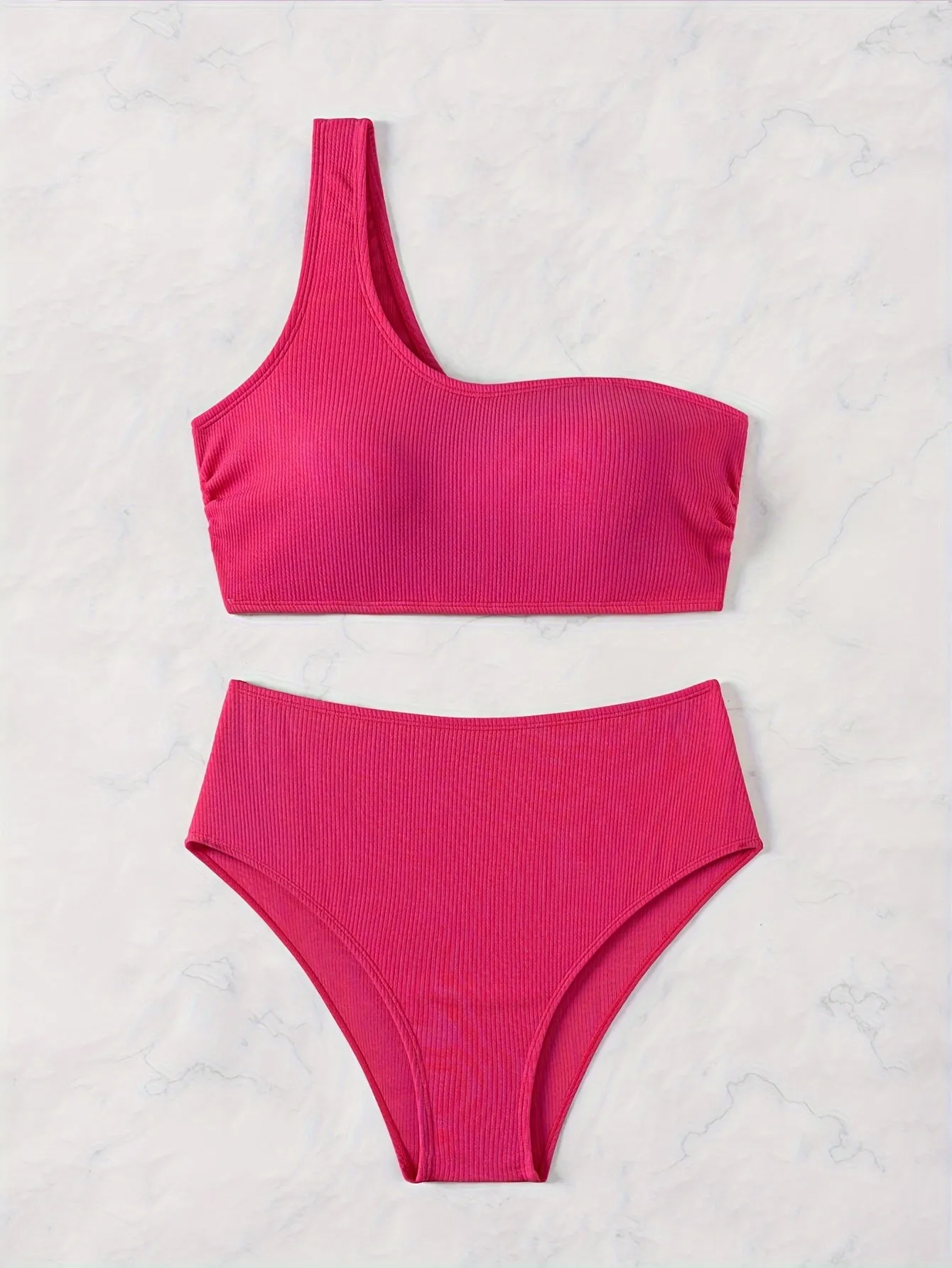 2-Piece Bikini Set: Chic Textured Brown One-Shoulder Top with High-Stretch Bottoms, Versatile & Flattering Swimwear for Sunbathing & Poolside Leisure