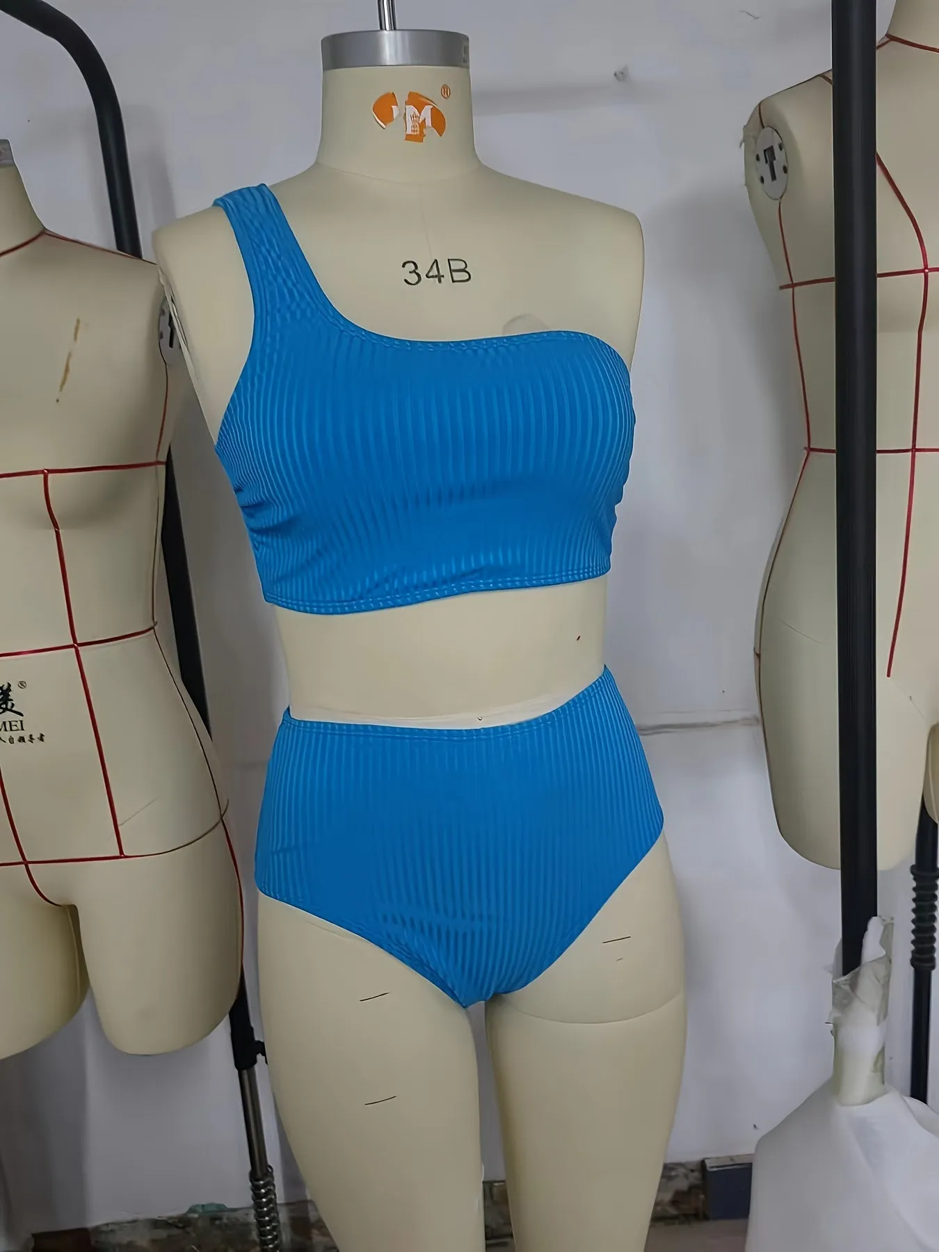 2-Piece Bikini Set: Chic Textured Brown One-Shoulder Top with High-Stretch Bottoms, Versatile & Flattering Swimwear for Sunbathing & Poolside Leisure
