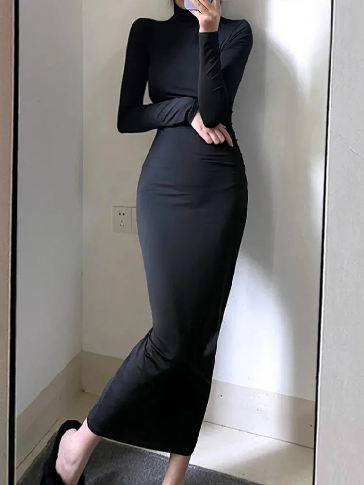 2024 Korean Women Slim Stand Collar Black Maxi Dress