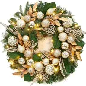 24 Inch Christmas Wreath with Lights for Front Door, Pre-Lit Large Christmas Wreath with 20 Lights, Artificial Xmas Wreath with Gold Leaves, Balls and Ornaments for Fireplace, Outdoor, Window