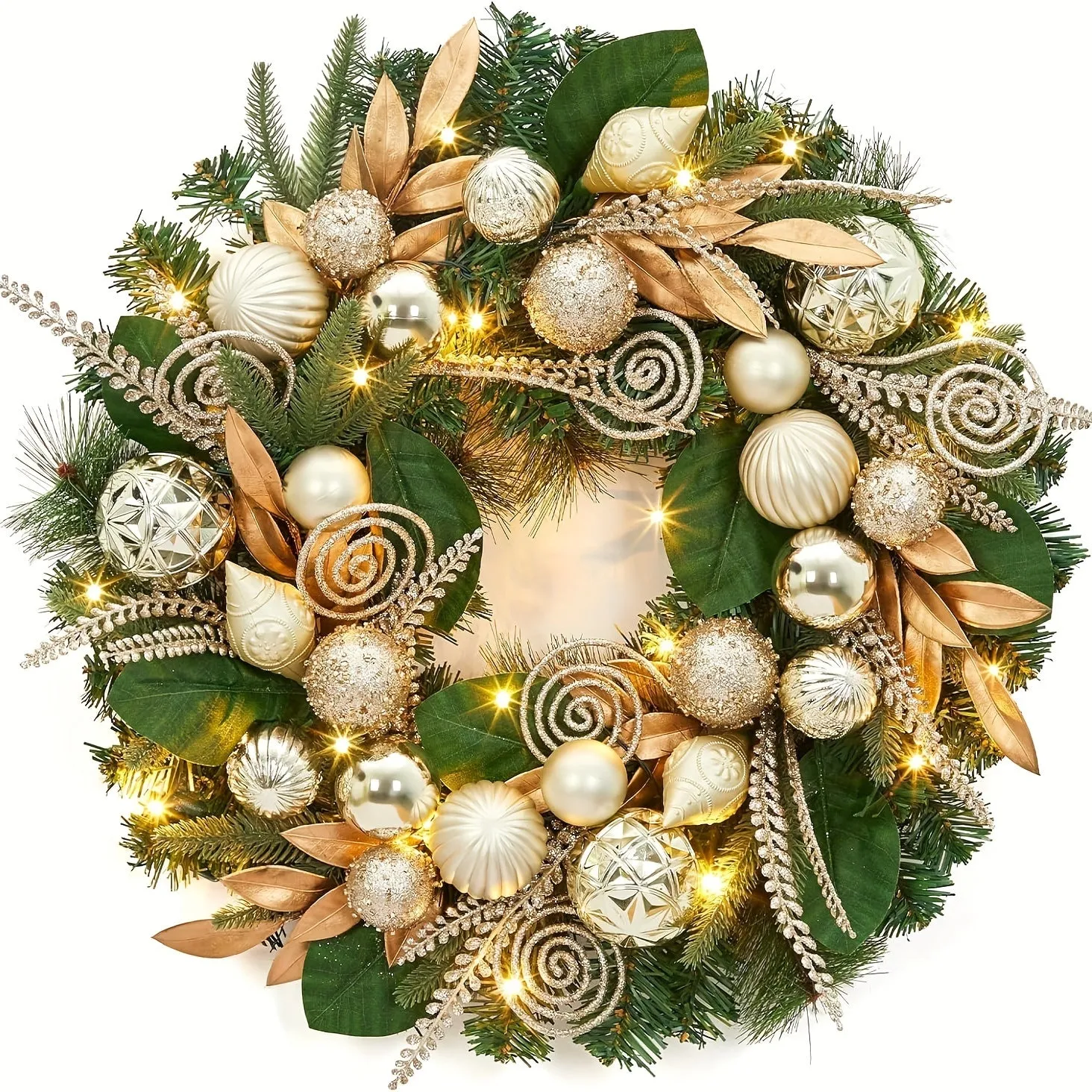 24 Inch Christmas Wreath with Lights for Front Door, Pre-Lit Large Christmas Wreath with 20 Lights, Artificial Xmas Wreath with Gold Leaves, Balls and Ornaments for Fireplace, Outdoor, Window