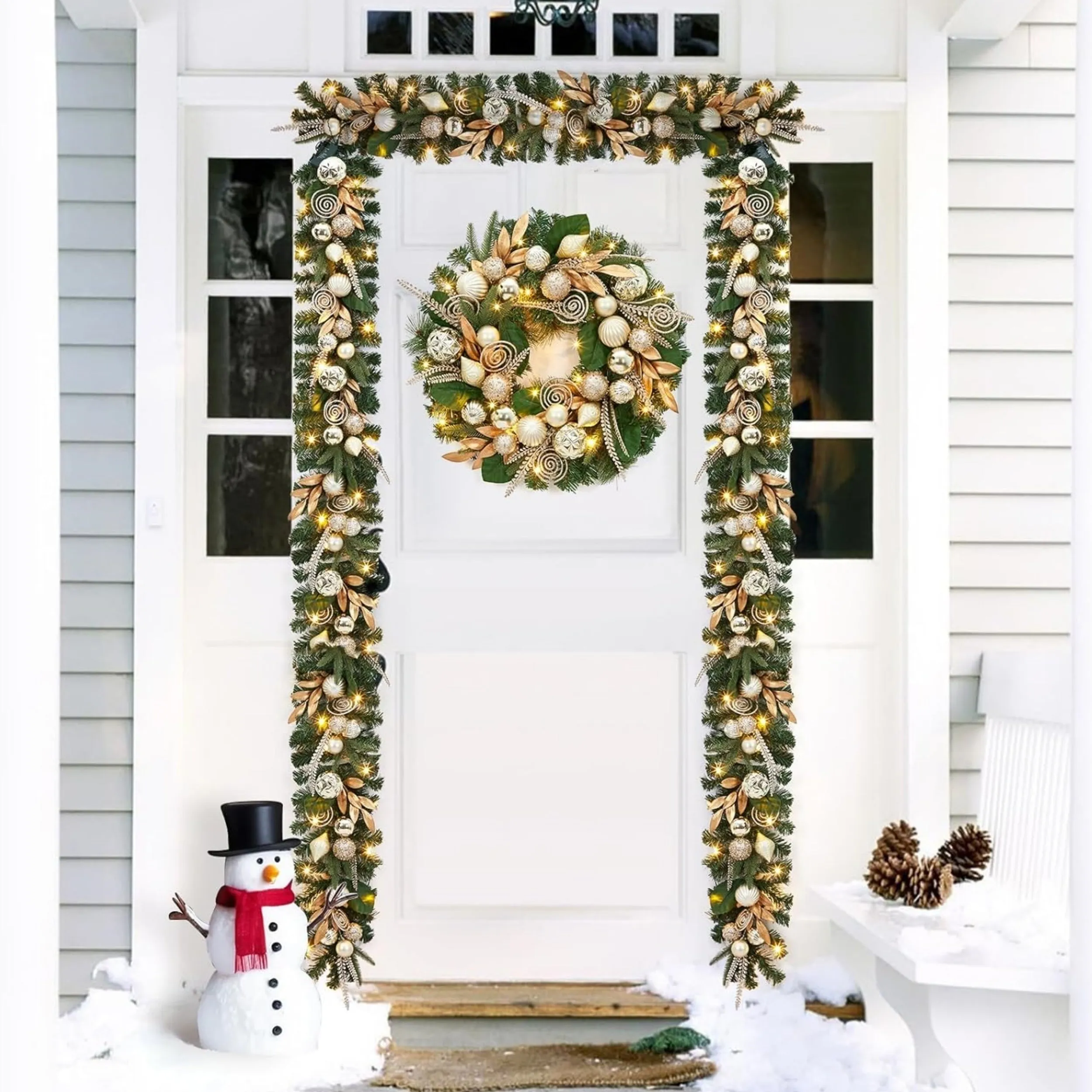 24 Inch Christmas Wreath with Lights for Front Door, Pre-Lit Large Christmas Wreath with 20 Lights, Artificial Xmas Wreath with Gold Leaves, Balls and Ornaments for Fireplace, Outdoor, Window