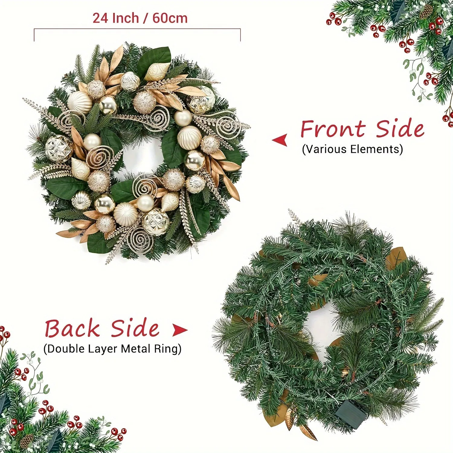 24 Inch Christmas Wreath with Lights for Front Door, Pre-Lit Large Christmas Wreath with 20 Lights, Artificial Xmas Wreath with Gold Leaves, Balls and Ornaments for Fireplace, Outdoor, Window