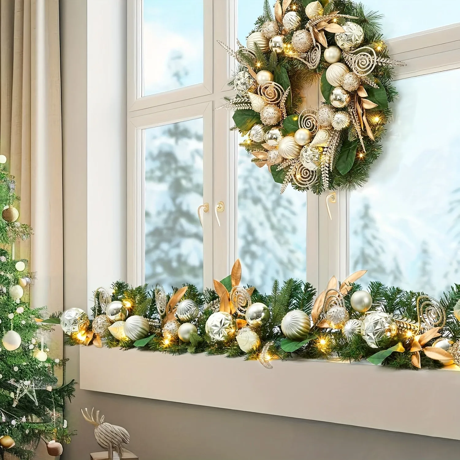 24 Inch Christmas Wreath with Lights for Front Door, Pre-Lit Large Christmas Wreath with 20 Lights, Artificial Xmas Wreath with Gold Leaves, Balls and Ornaments for Fireplace, Outdoor, Window