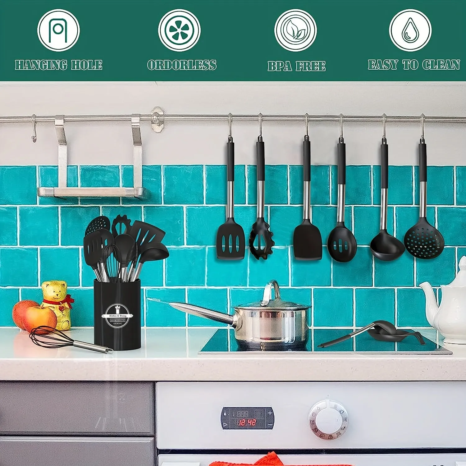43pcs/set, Silicone Kitchen Utensils Set With Stainless Steel Handle, Non-stick Pot Special Cooking Tools Set With Storage Bucket, Multipurpose Kitchenware, Heat Resistant Cookware, Dishwasher Safe, Kitchen Supplies, Kitchen Gadgets