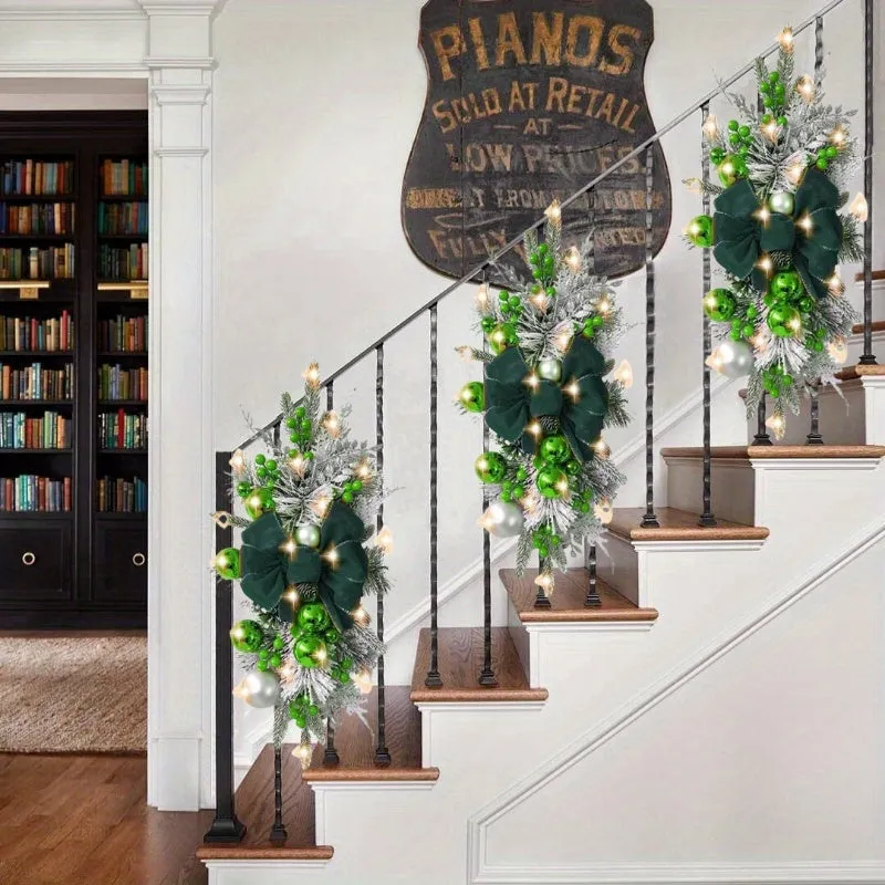 4Pcs Christmas Swag Wreaths, Light up Christmas Stair Swags, 23.6in/ 60cm Artificial Christmas Teardrop Swags Stairs Christmas Decoration for Stair Railing Wall Window Xmas Decor Kitchen, Shops, Gardens, Fireplaces, Christmas Parties Decor