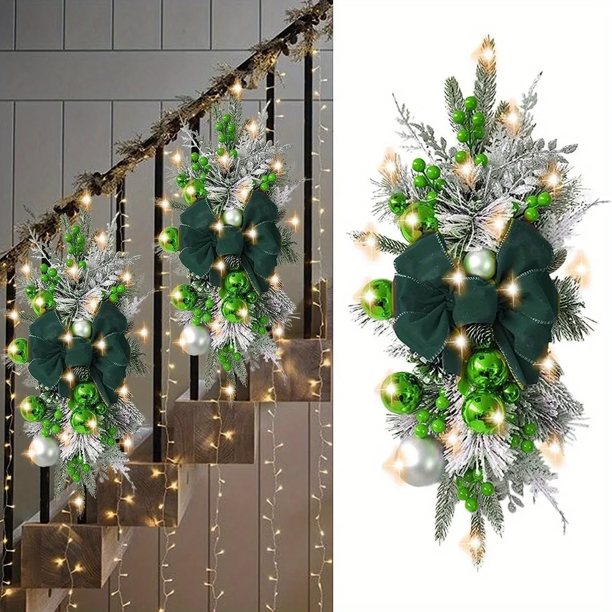 4Pcs Christmas Swag Wreaths, Light up Christmas Stair Swags, 23.6in/ 60cm Artificial Christmas Teardrop Swags Stairs Christmas Decoration for Stair Railing Wall Window Xmas Decor Kitchen, Shops, Gardens, Fireplaces, Christmas Parties Decor