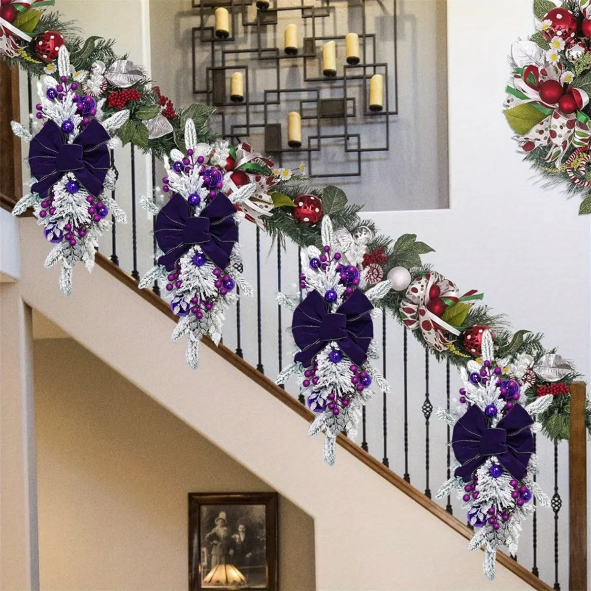 4Pcs Christmas Swag Wreaths, Light up Christmas Stair Swags, 23.6in/ 60cm Artificial Christmas Teardrop Swags Stairs Christmas Decoration for Stair Railing Wall Window Xmas Decor Kitchen, Shops, Gardens, Fireplaces, Christmas Parties Decor