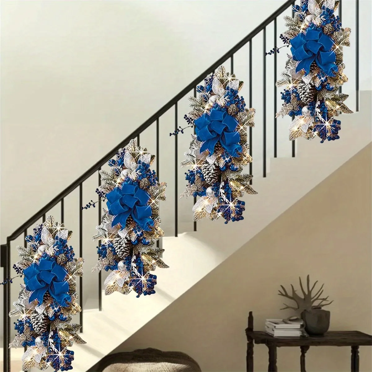 4Pcs Christmas Swag Wreaths, Light up Christmas Stair Swags, 23.6in/ 60cm Artificial Christmas Teardrop Swags Stairs Christmas Decoration for Stair Railing Wall Window Xmas Decor Kitchen, Shops, Gardens, Fireplaces, Christmas Parties Decor