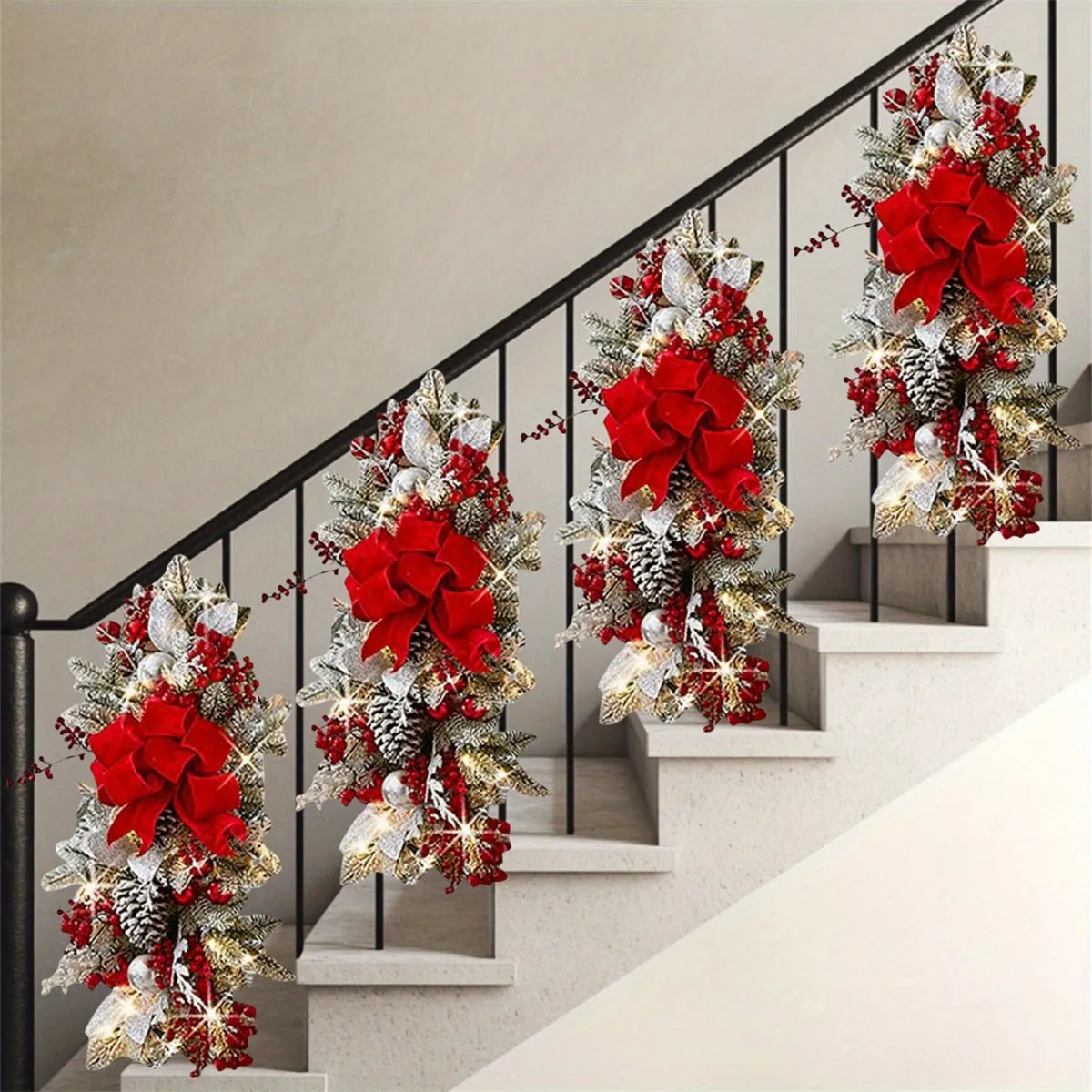 4Pcs Christmas Swag Wreaths, Light up Christmas Stair Swags, 23.6in/ 60cm Artificial Christmas Teardrop Swags Stairs Christmas Decoration for Stair Railing Wall Window Xmas Decor Kitchen, Shops, Gardens, Fireplaces, Christmas Parties Decor