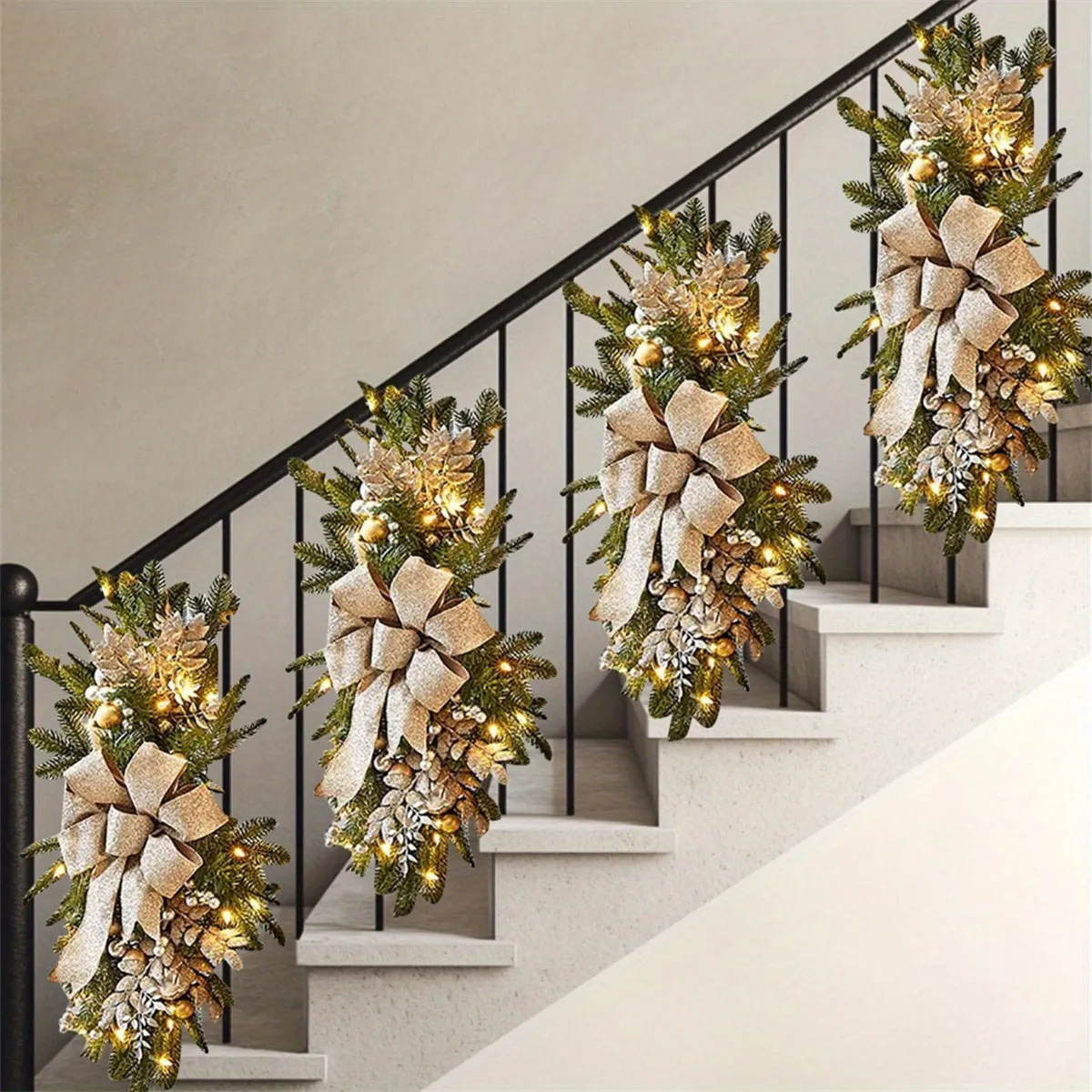 4Pcs Christmas Swag Wreaths, Light up Christmas Stair Swags, 23.6in/ 60cm Artificial Christmas Teardrop Swags Stairs Christmas Decoration for Stair Railing Wall Window Xmas Decor Kitchen, Shops, Gardens, Fireplaces, Christmas Parties Decor