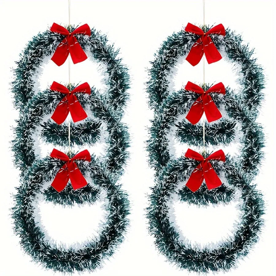 6pcs Christmas Wreaths with Red Bows - Classic PET Holiday Decor for Front Door, Wall & Kitchen - No Power Needed, Featherless Home & Window Accents